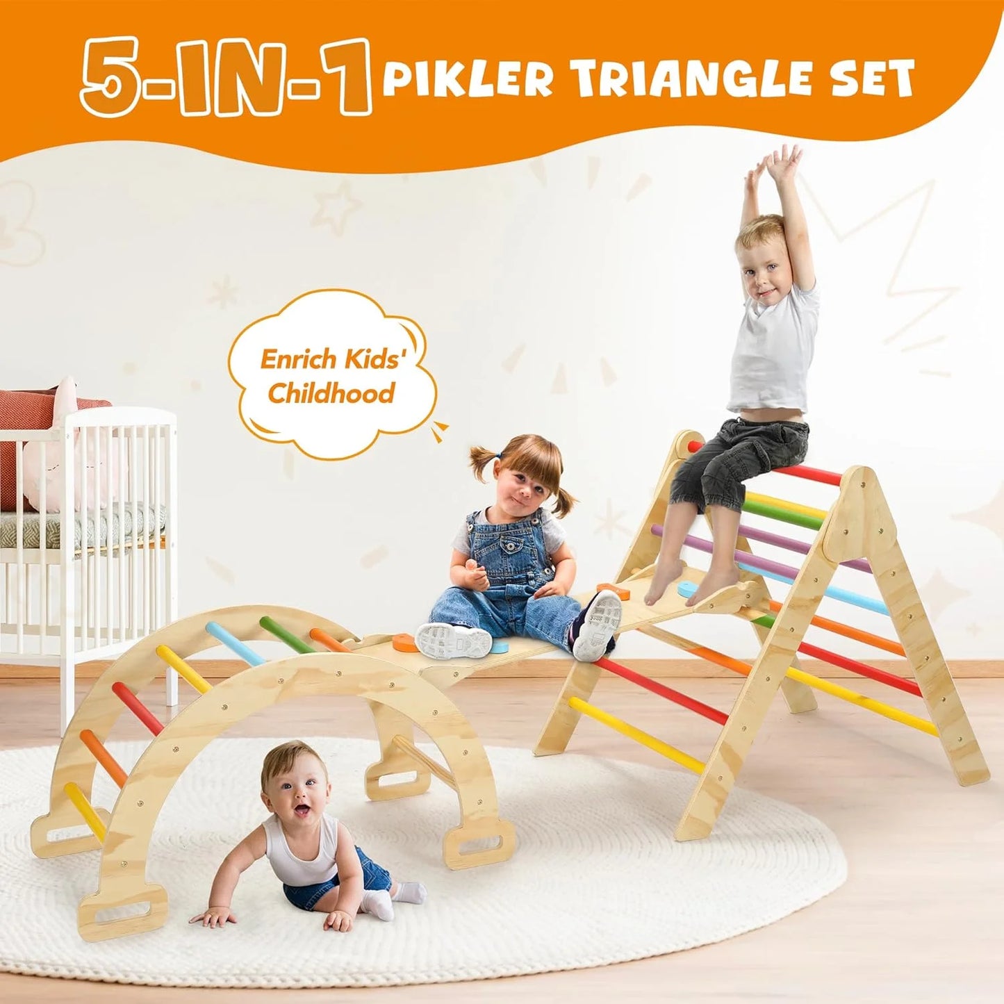 Pikler Triangle Set, 5 in 1 Wooden Montessori Climbing Toys Baby Indoor Playground Gym, Foldable Indoor Climbing Toys with Ramp, Arch Climber, Baby Climbing Toys for Toddlers 1-3 Inside-Large