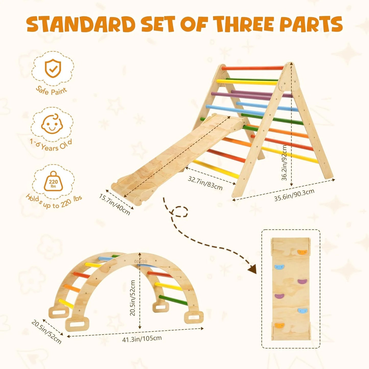 Pikler Triangle Set, 5 in 1 Wooden Montessori Climbing Toys Baby Indoor Playground Gym, Foldable Indoor Climbing Toys with Ramp, Arch Climber, Baby Climbing Toys for Toddlers 1-3 Inside-Large