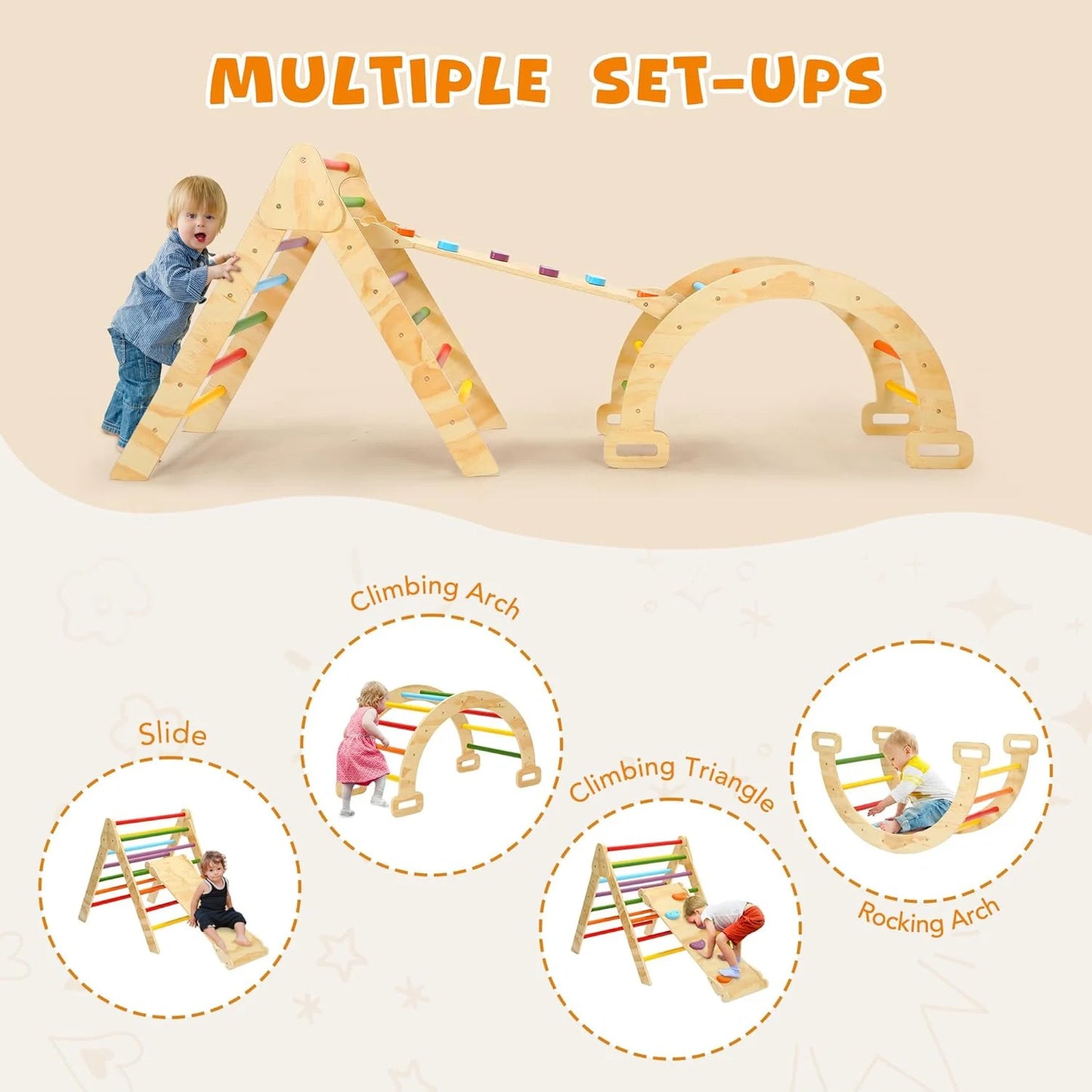 Pikler Triangle Set, 5 in 1 Wooden Montessori Climbing Toys Baby Indoor Playground Gym, Foldable Indoor Climbing Toys with Ramp, Arch Climber, Baby Climbing Toys for Toddlers 1-3 Inside-Large