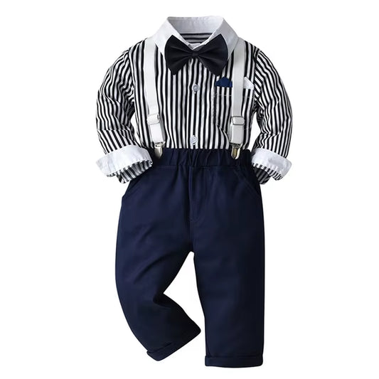 Kids Boys Gentleman Formal Suit Long Sleeve Suit Shirt+Plaid Pants 4 PCS Set Toddler Children Wedding Party Costume Fashion