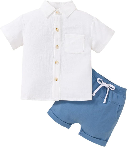 Kids Clothes Set Summer Korean Boys Short Sleeved Shirt round Neck Shirt Casual Clothing Foreign Style (Blue, 2-3 Years)