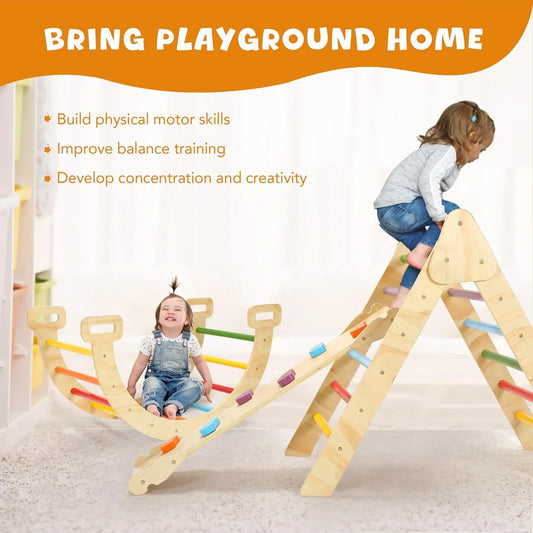Pikler Triangle Set, 5 in 1 Wooden Montessori Climbing Toys Baby Indoor Playground Gym, Foldable Indoor Climbing Toys with Ramp, Arch Climber, Baby Climbing Toys for Toddlers 1-3 Inside-Large