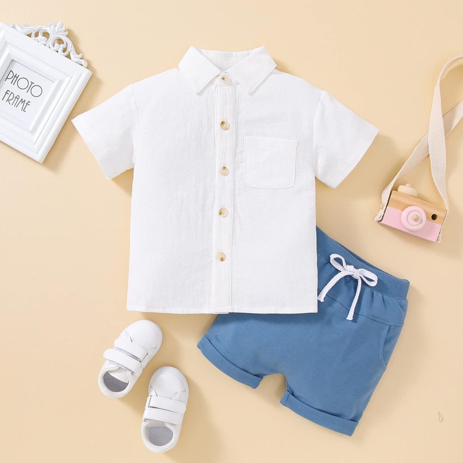Kids Clothes Set Summer Korean Boys Short Sleeved Shirt round Neck Shirt Casual Clothing Foreign Style (Blue, 2-3 Years)
