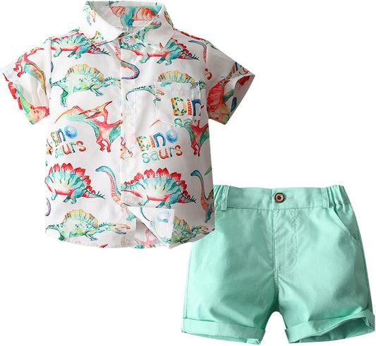 Children Clothes Set Boys Dinosaur Shirt Shorts Set Children'S Short Sleeve Colorful Dinosaur Shirt (Green, 5-6 Years)
