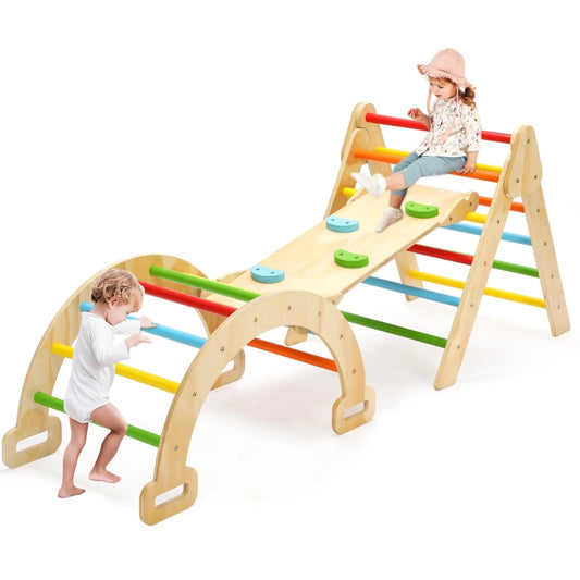 Pikler Triangle Set, 5 in 1 Wooden Montessori Climbing Toys Baby Indoor Playground Gym, Foldable Indoor Climbing Toys with Ramp, Arch Climber, Baby Climbing Toys for Toddlers 1-3 Inside-Large