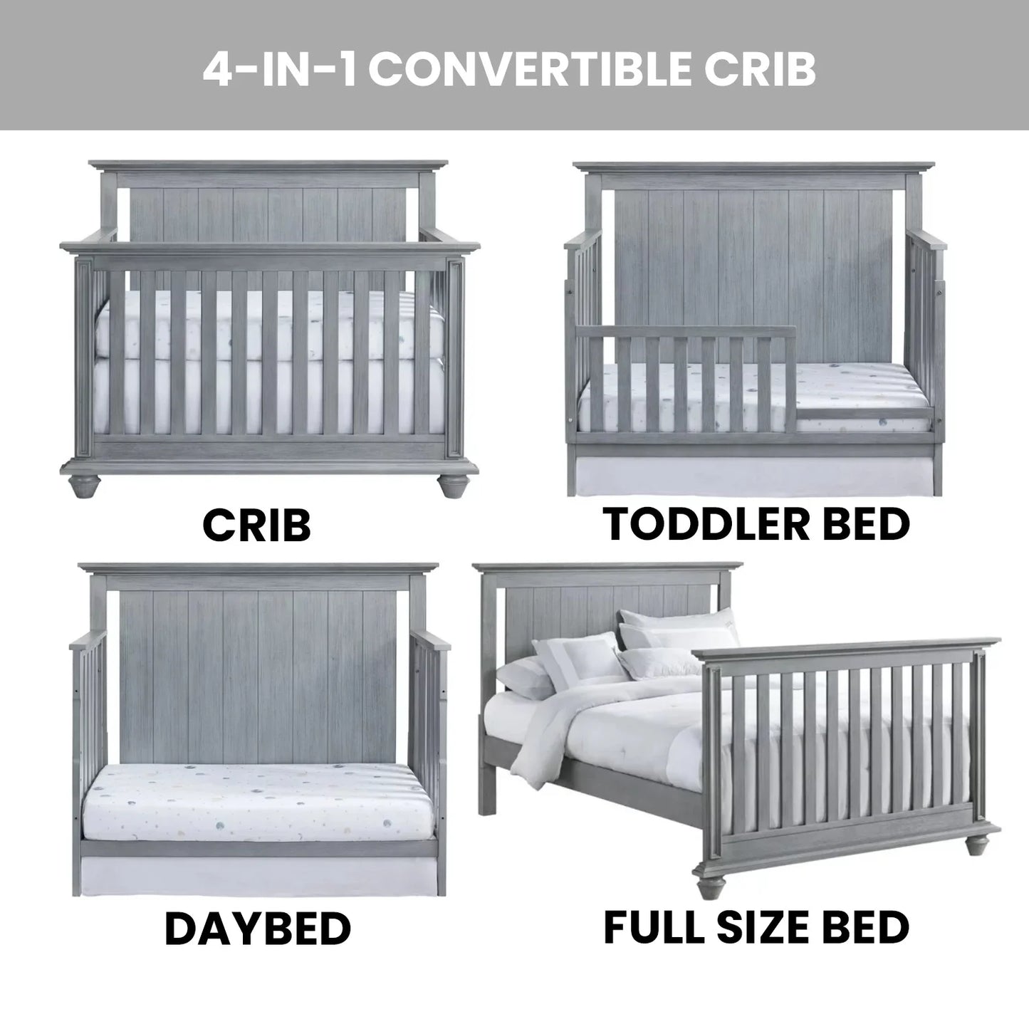 Langston 4-In-1 Convertible Crib, Graphite Gray, Wooden Crib