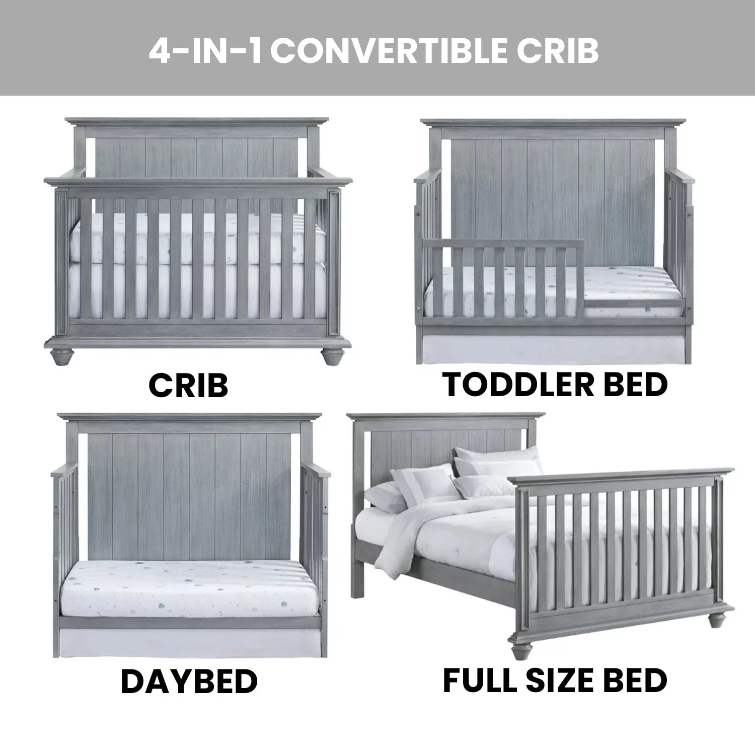 Langston 4-In-1 Convertible Crib, Graphite Gray, Wooden Crib