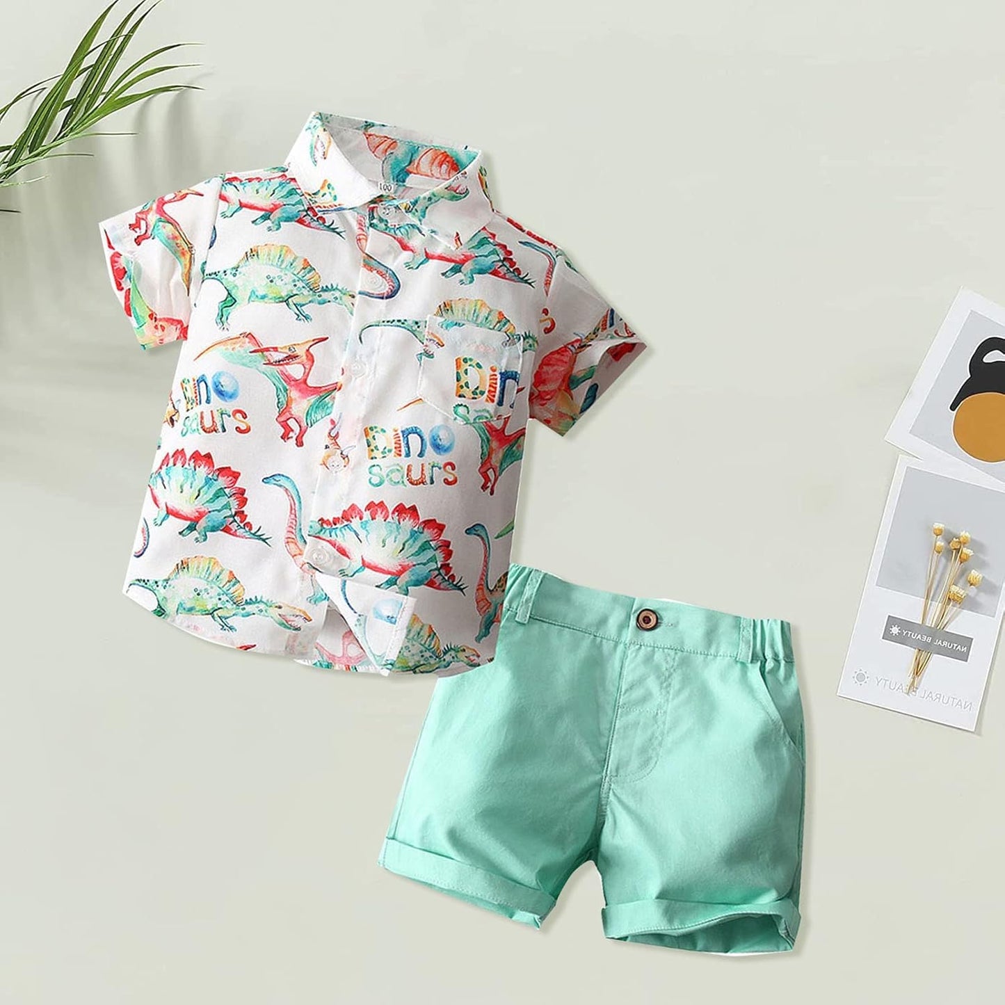 Children Clothes Set Boys Dinosaur Shirt Shorts Set Children'S Short Sleeve Colorful Dinosaur Shirt (Green, 5-6 Years)