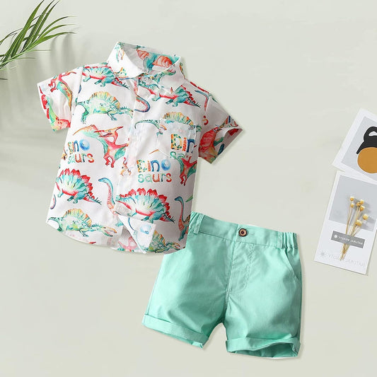 Children Clothes Set Boys Dinosaur Shirt Shorts Set Children'S Short Sleeve Colorful Dinosaur Shirt (Green, 5-6 Years)