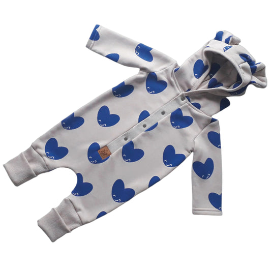 Eared Jumpsuit for Babies and Kids - Blue Hearts