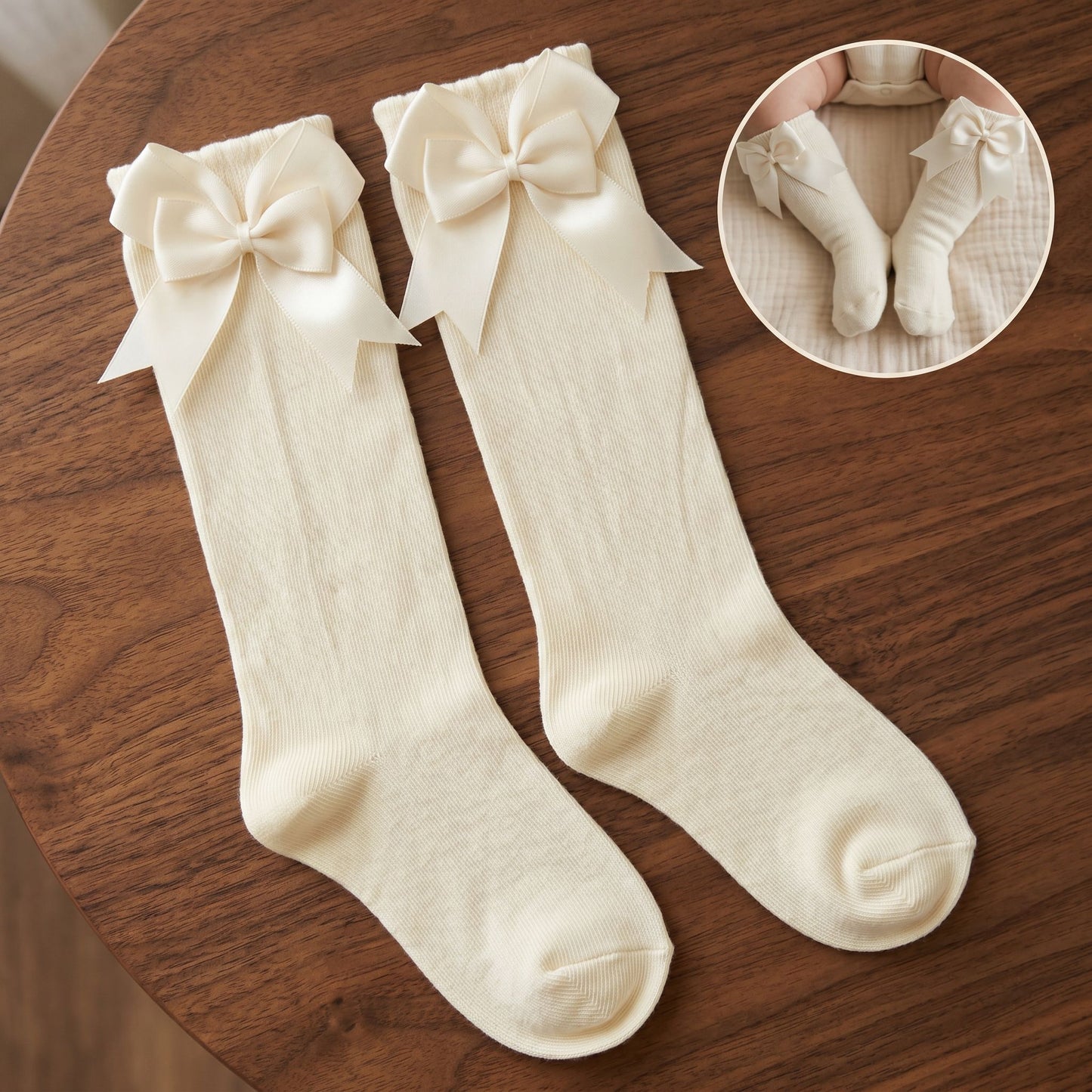HelloLoomi Baby Girl Bow Combed Cotton Mid-Calf Socks
