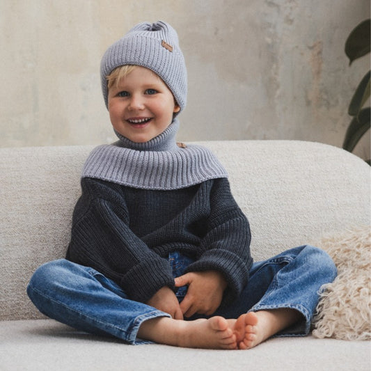 Winter Merino Wool Tube Scarf for Kids - Grey